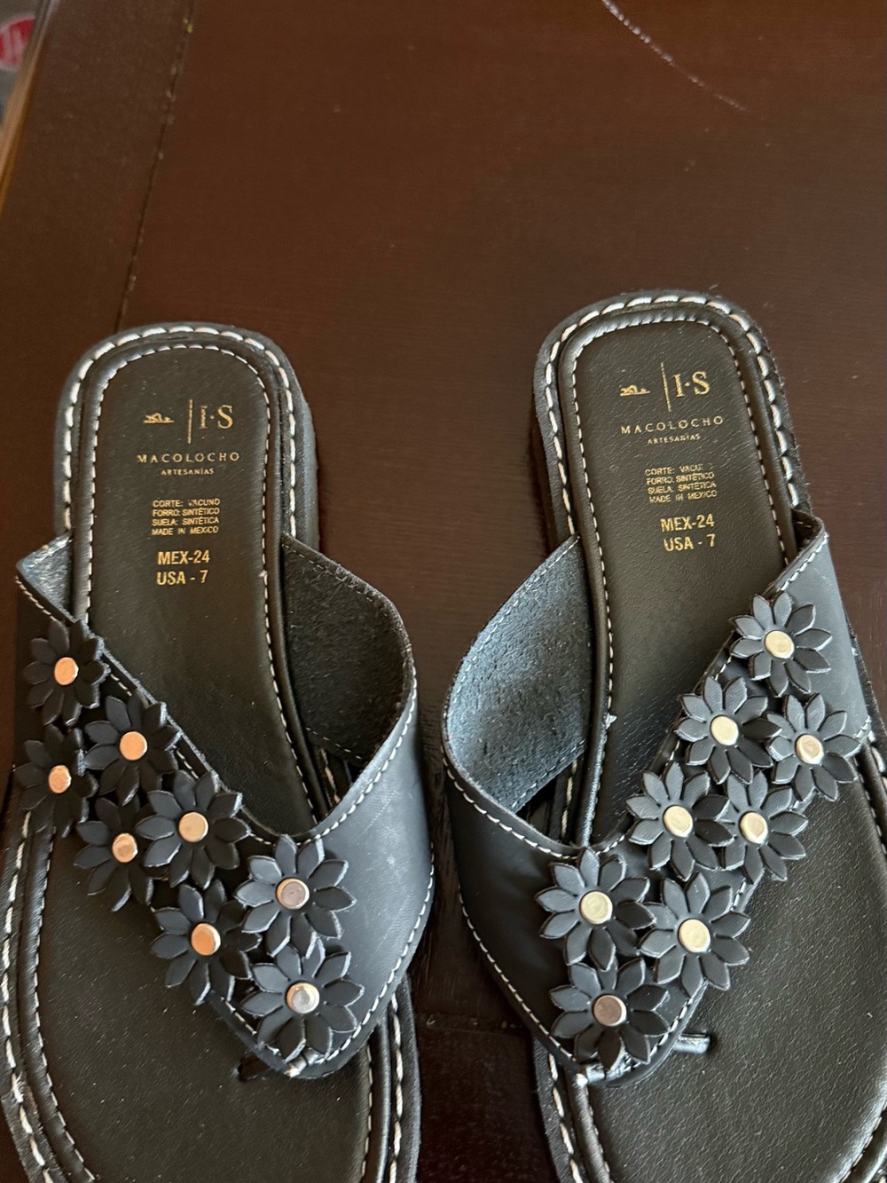 New Black Floral Leather Slide Sandals - Women